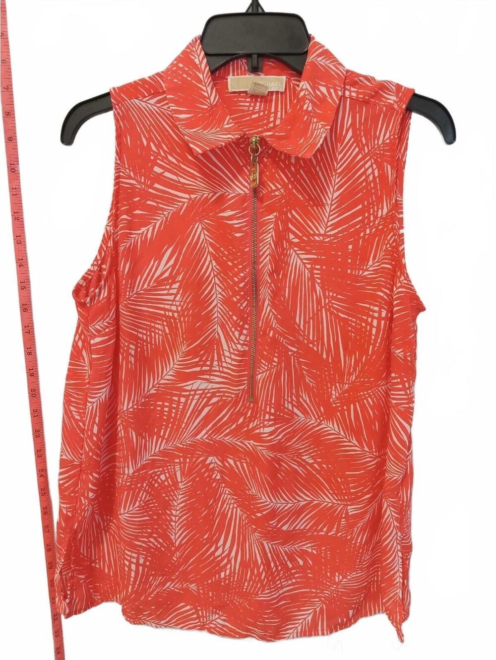 Michael Kors Orange White Palm Print Sleeveless Zip Top Medium